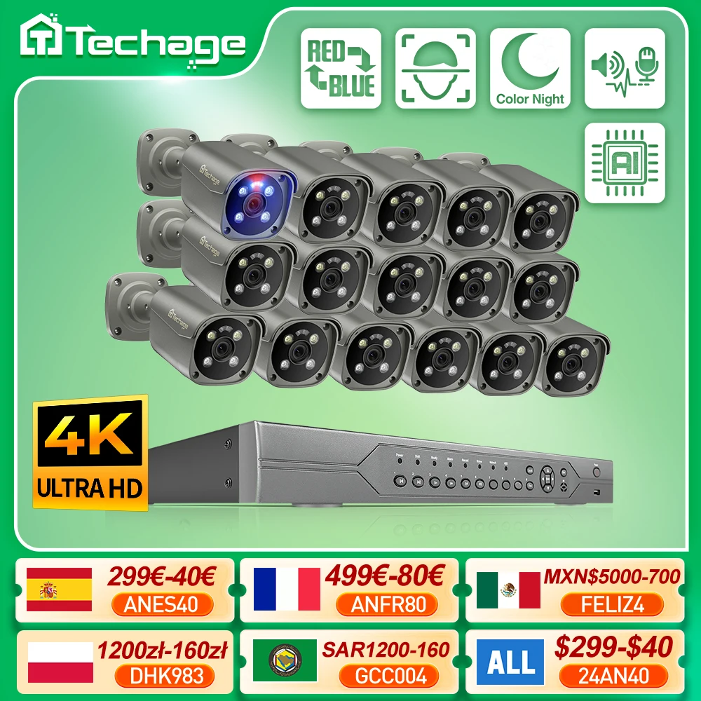 Techage POE 카메라 시스템, 얼굴 인간 감지, 양방향 오디오, 야외 4K 보안 감시 세트, 다채로운 야간, H.265, 16CH, 5MP, 8MP title=Techage POE 카메라 시스템, 얼굴 인간 감지, 양방향 오디오, 야외 4K 보안 감시 세트, 다채로운 야간, H.265, 16CH, 5MP, 8MP