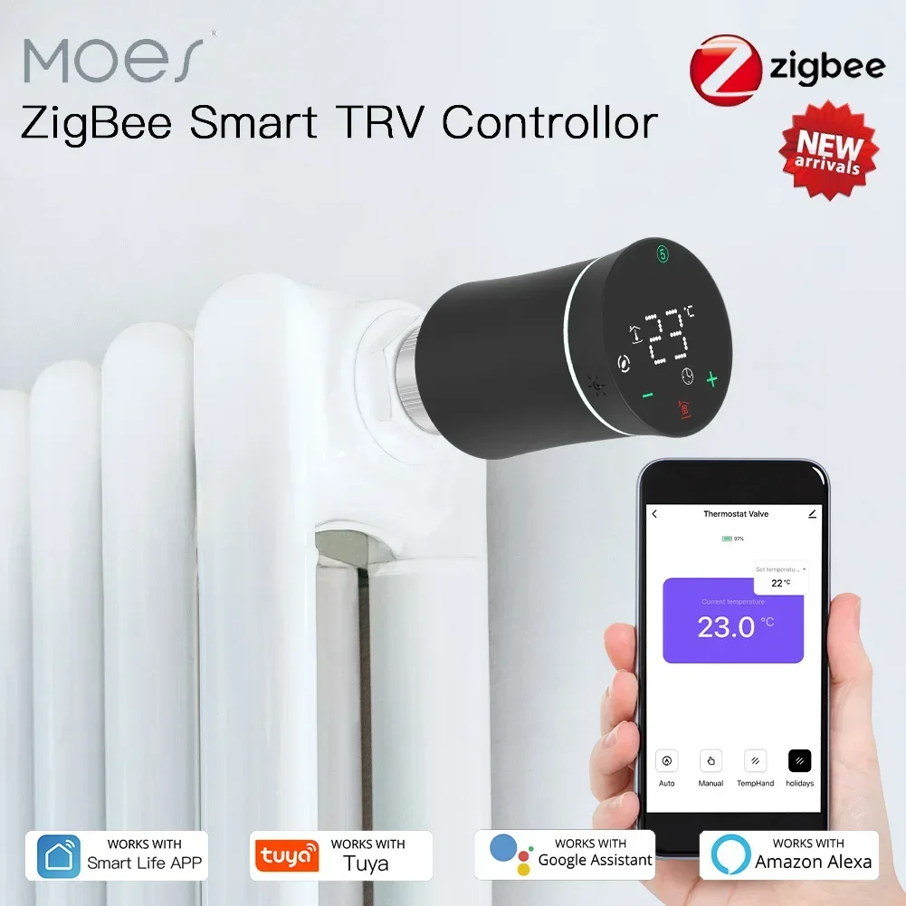 MOES TRV ZigBee 3.0 Tuya 새로운 라디에이터 액추에이터 밸브, 스마트 프로그래밍 가능 온도 조절기 온도 히터 Alexa 음성 제어 title=MOES TRV ZigBee 3.0 Tuya 새로운 라디에이터 액추에이터 밸브, 스마트 프로그래밍 가능 온도 조절기 온도 히터 Alexa 음성 제어