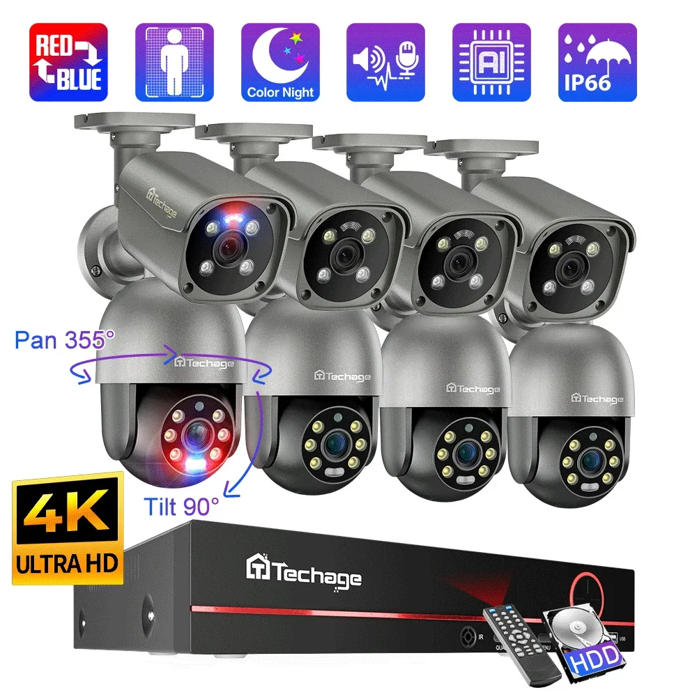 Techage 야외 AI 인간 감지 양방향 대화 CCTV 비디오 감시, 8CH 4K UHD 8MP PTZ POE 카메라 시스템, H.265 NVR 키트 title=Techage 야외 AI 인간 감지 양방향 대화 CCTV 비디오 감시, 8CH 4K UHD 8MP PTZ POE 카메라 시스템, H.265 NVR 키트 