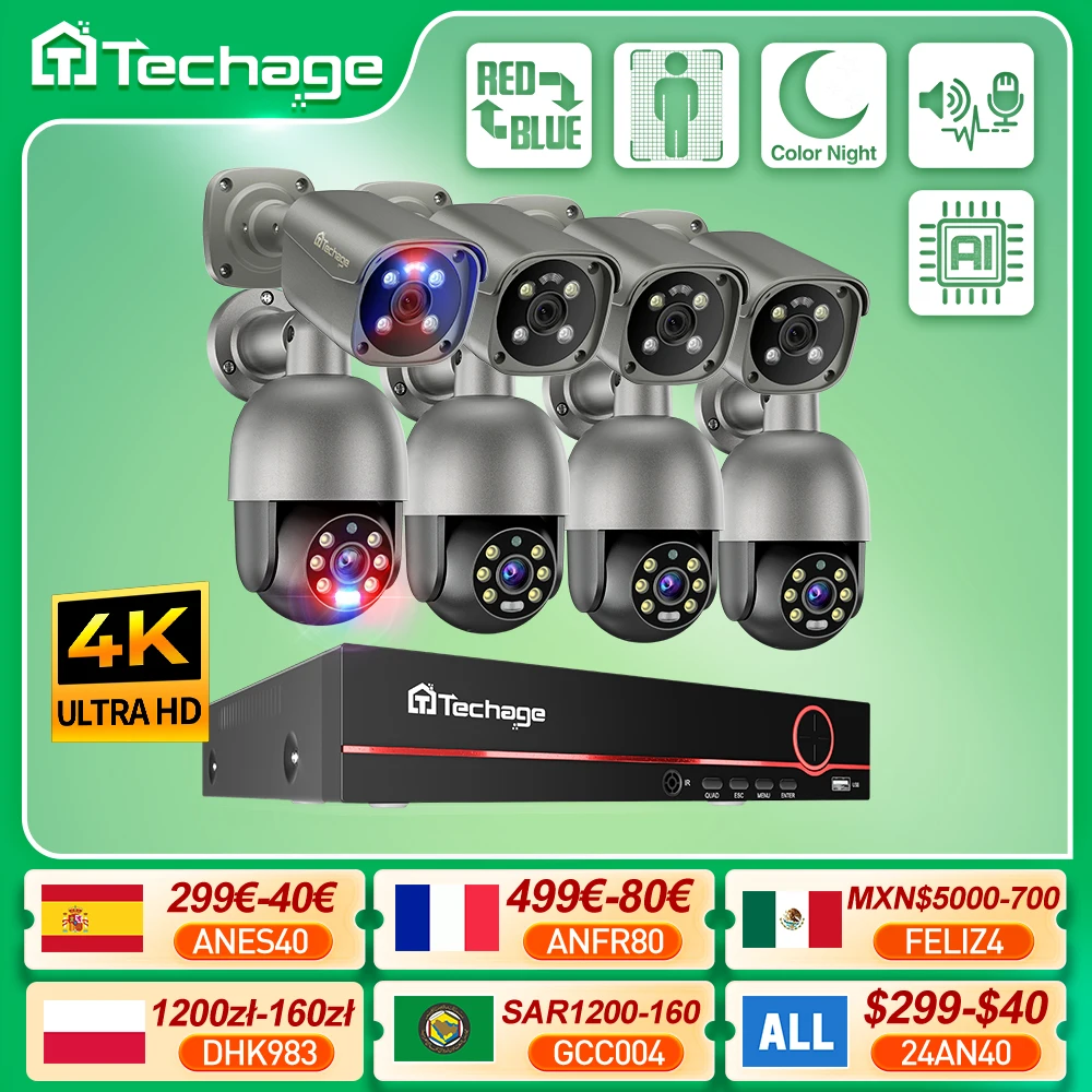 Techage 야외 보안 IP 카메라 시스템, 양방향 오디오, 스마트 AI 인간 감지, 8MP CCTV 비디오, H.265 8CH 울트라 HD 4K POE NVR 세트 title=Techage 야외 보안 IP 카메라 시스템, 양방향 오디오, 스마트 AI 인간 감지, 8MP CCTV 비디오, H.265 8CH 울트라 HD 4K POE NVR 세트 