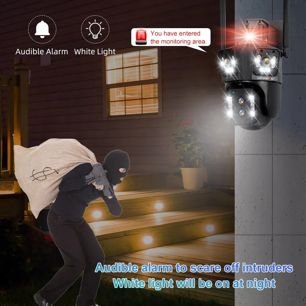 LS VISION 8K 야외 무선 와이파이 보안 카메라 10X 광학 줌 자동 추적 6K PTZ 4 렌즈 3 화면 IP CCTV 캠 방수