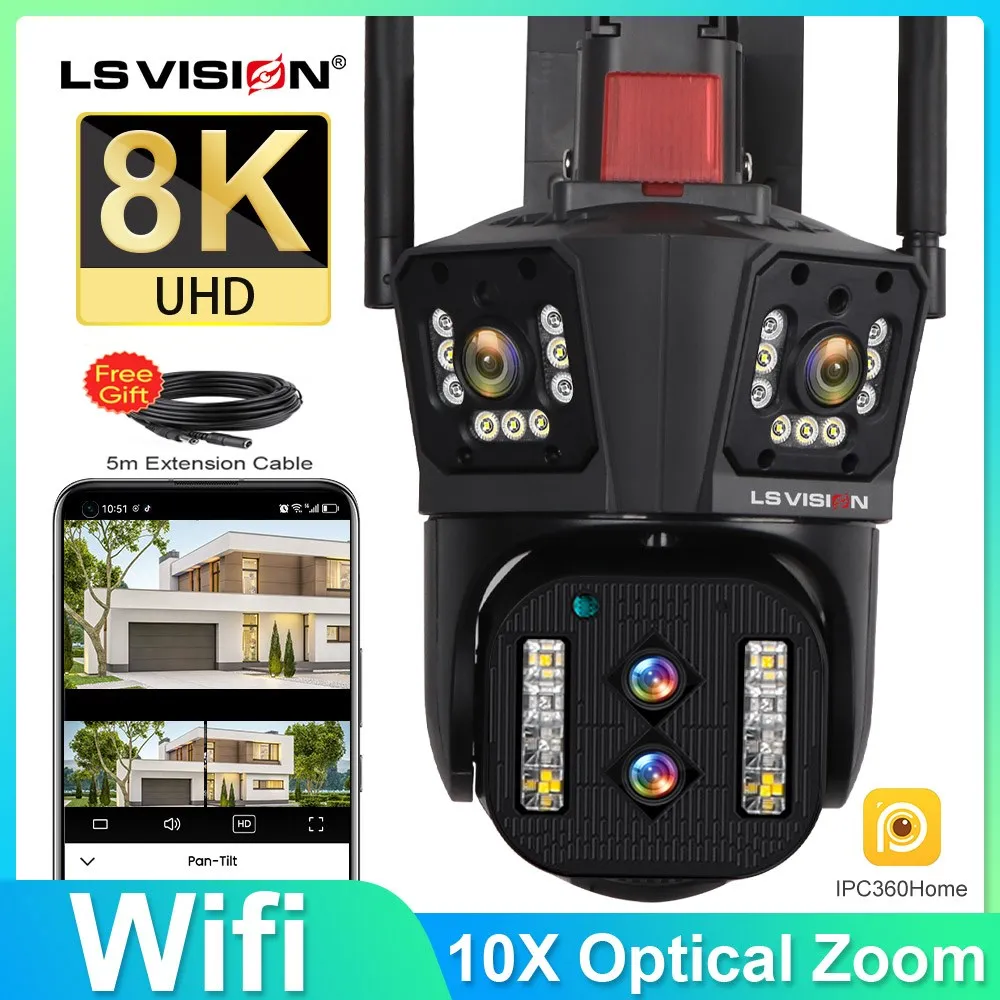 LS VISION 8K 야외 무선 와이파이 보안 카메라 10X 광학 줌 자동 추적 6K PTZ 4 렌즈 3 화면 IP CCTV 캠 방수 title=LS VISION 8K 야외 무선 와이파이 보안 카메라 10X 광학 줌 자동 추적 6K PTZ 4 렌즈 3 화면 IP CCTV 캠 방수 