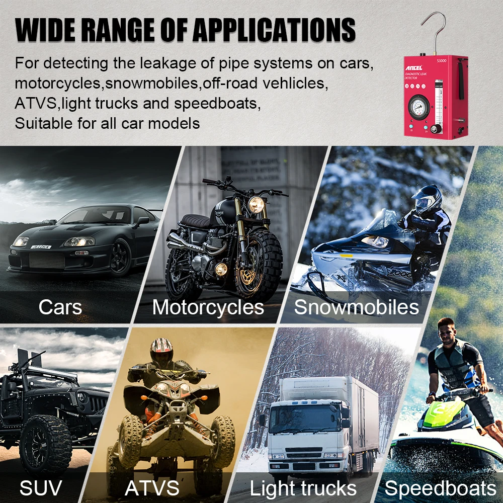 ANCEL S3000 자동차 연기 누출 감지기, 공기 펌프 포함, 12V EVAP 진단 도구, 진공 테스터, 연료 파이프 누출 탐지기, 모터사이클용