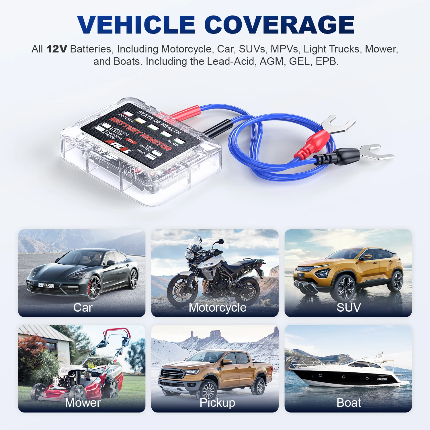 ANCEL LED 배터리 테스터 모니터, 헤드업 디스플레이 충전 테스터 도구, 배터리 건강 SOH SOC 분석기, 방수, BM200 프로, 12V