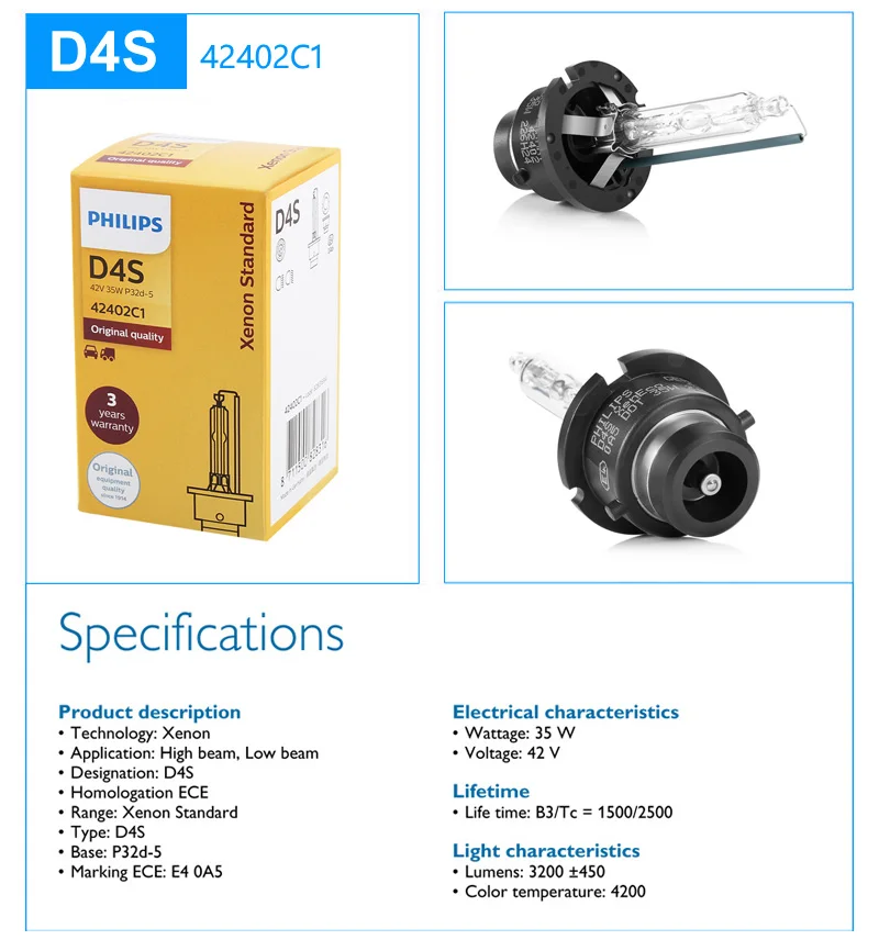 필립스-HID D1S D2S D2R D3S D4S D5S 35W 제논 스탠다드 4200K 자동 오리지널 헤드라이트 자동차 정품 전구 교체 업그레이드, 1 개
