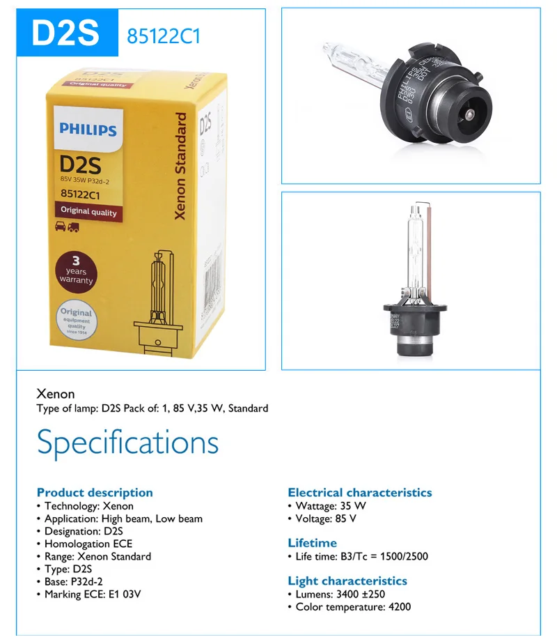 필립스-HID D1S D2S D2R D3S D4S D5S 35W 제논 스탠다드 4200K 자동 오리지널 헤드라이트 자동차 정품 전구 교체 업그레이드, 1 개