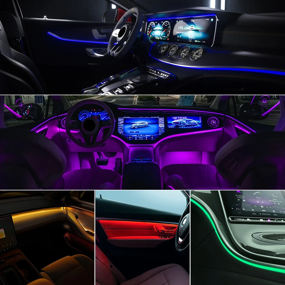 LED 앰비언트 RGB 라이트 스트립, 내부 광섬유 듀얼 존, 64 색 조명, 범용 자동차 장식, 분위기 램프, 앱 제어
