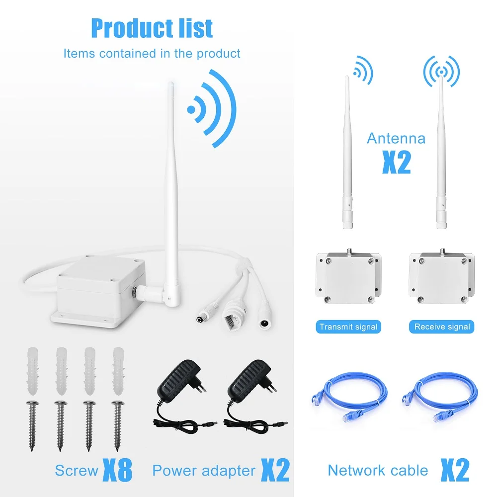 무선 와이파이 전송 송신기 AP 수신기, 플러그 앤 플레이 와이어, PTZ IP 카메라, 이더넷 키트, 1 대 1 장거리, 1km, 2MP, 5MP