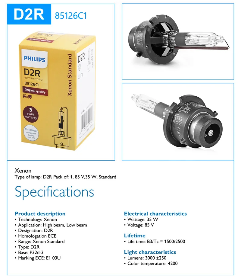 필립스-HID D1S D2S D2R D3S D4S D5S 35W 제논 스탠다드 4200K 자동 오리지널 헤드라이트 자동차 정품 전구 교체 업그레이드, 1 개