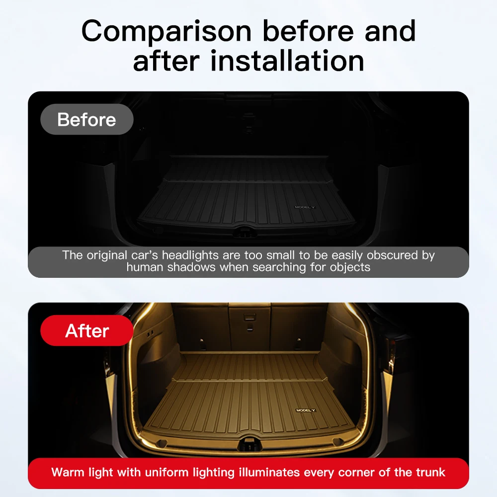 YZ 테슬라 모델 Y용 범용 12V 5M 프렁크 브라이트닝 LED 스트립, 변형 앰비언트 조명, 유연한 트렁크 캠핑 스톨 링팅