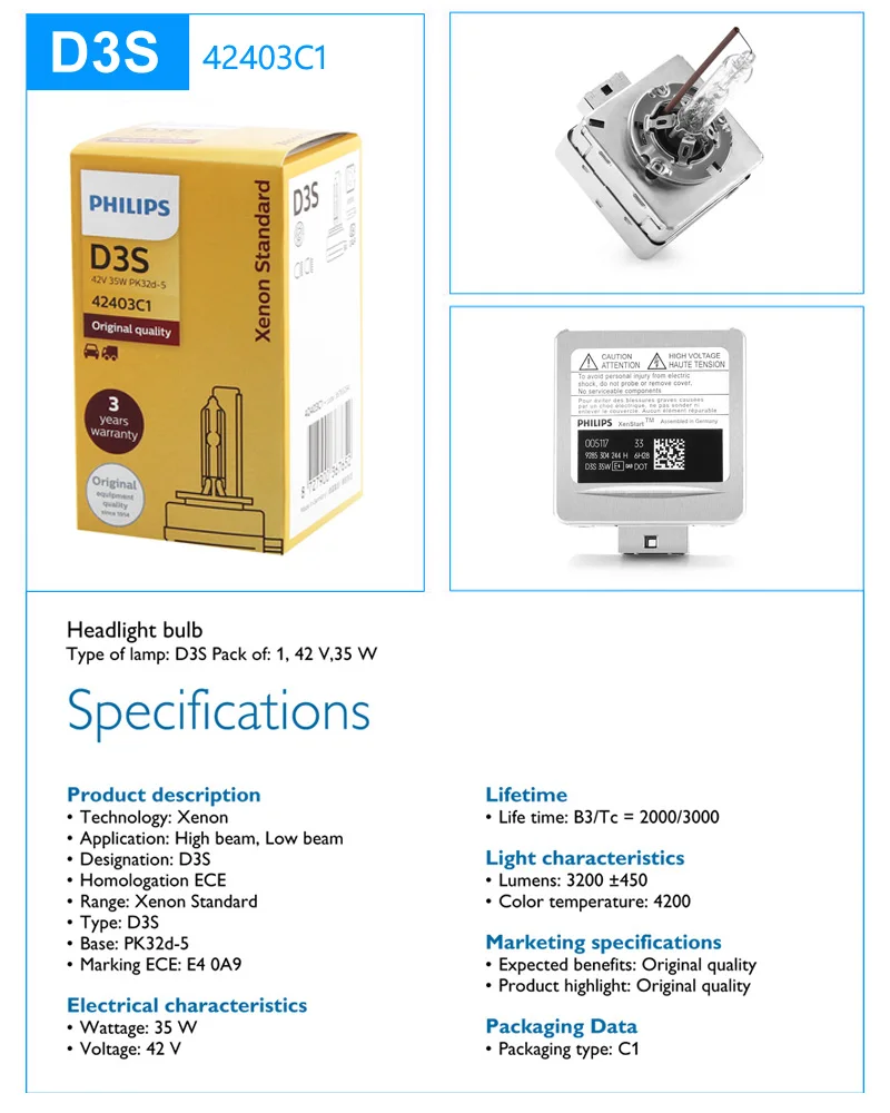 필립스-HID D1S D2S D2R D3S D4S D5S 35W 제논 스탠다드 4200K 자동 오리지널 헤드라이트 자동차 정품 전구 교체 업그레이드, 1 개