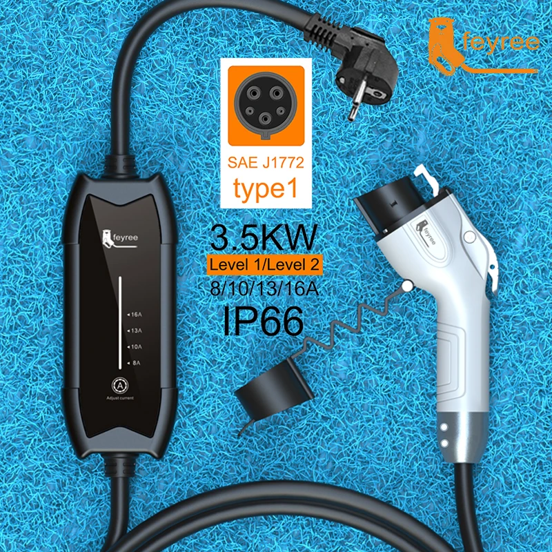 Feyree EV 휴대용 충전기 타입 2 GB T 플러그, 16A 단상 3.5KW 타입 1, 전기자동차용 월박스 충전 스테이션, 3.5m