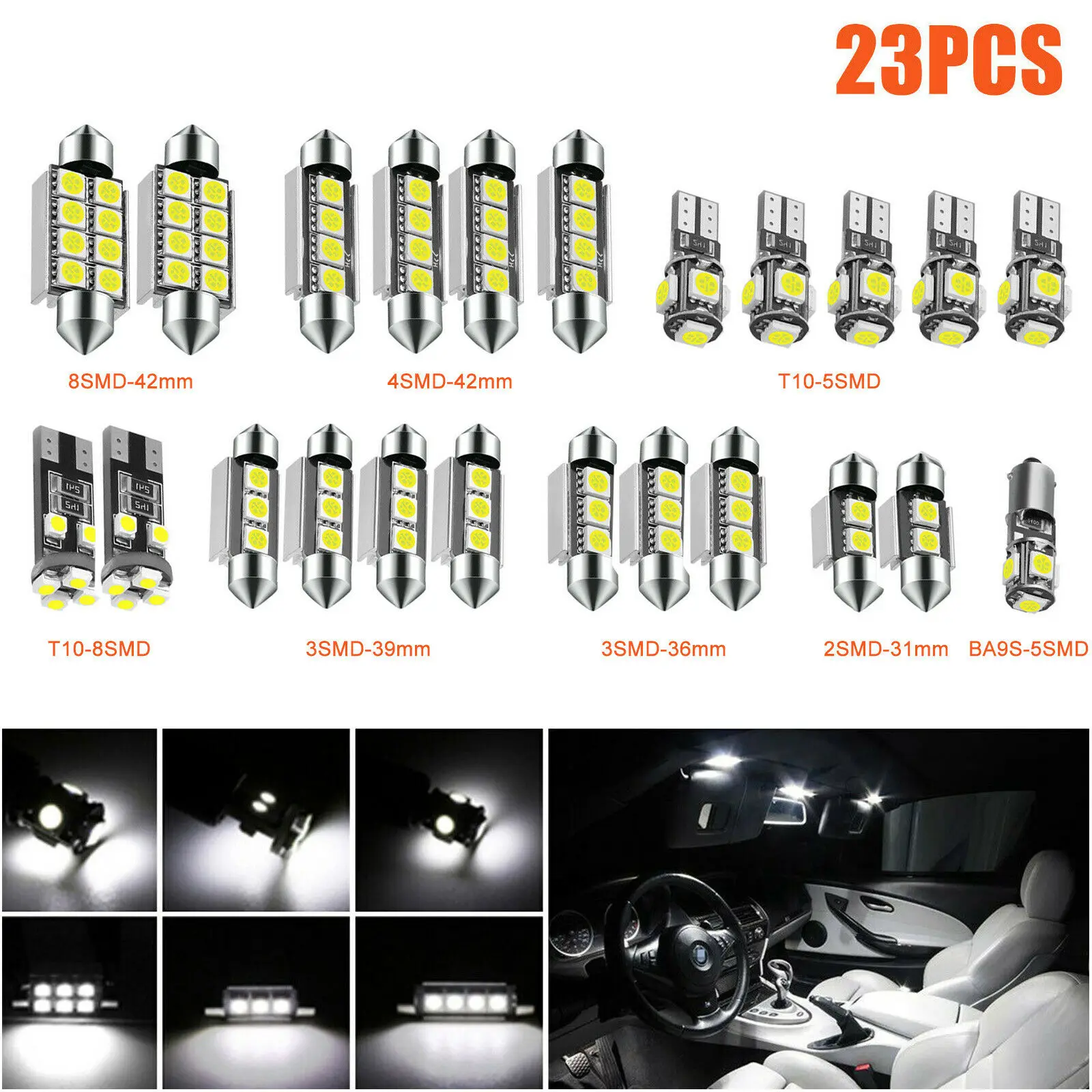 5050 자동차 LED 전구 인테리어 돔 트렁크 번호판 램프 키트, Bmw E53 E60 E90 용 흰색 LED 램프, T10, 23 개 title=5050 자동차 LED 전구 인테리어 돔 트렁크 번호판 램프 키트, Bmw E53 E60 E90 용 흰색 LED 램프, T10, 23 개 