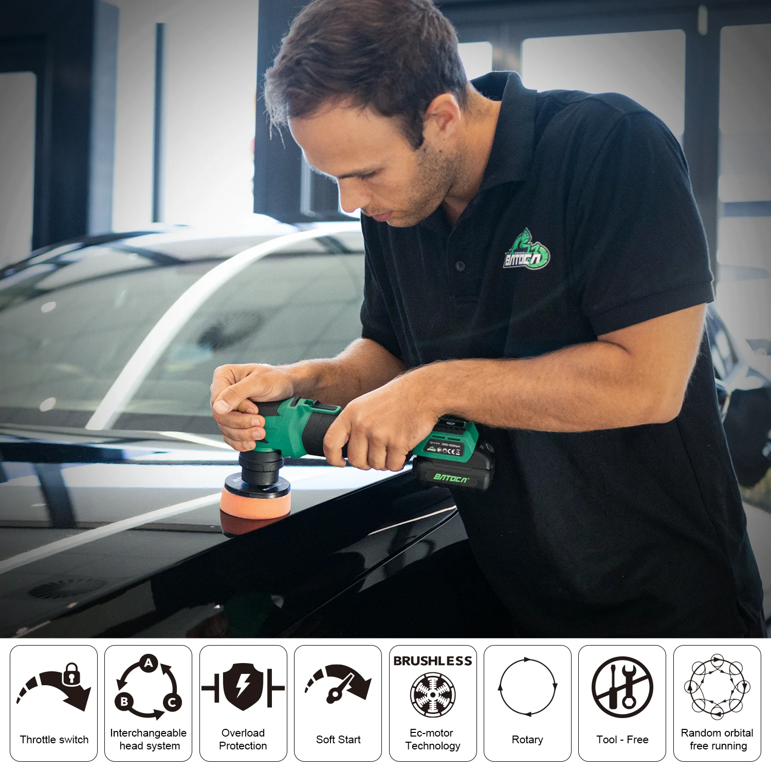 BATOCA 무선 자동차 광택기 기계 세트, RO/DA 마이크로 스크래치 킬러, 브러시리스 모터 광택기, 디테일 스폰지 울 패드 포함, 12V