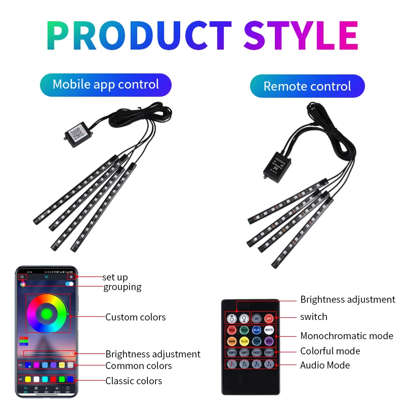 Led 자동차 발 앰비언트 조명 USB 네온 무드 조명 백라이트, 음악 제어 앱 RGB 자동 인테리어 장식 분위기 조명