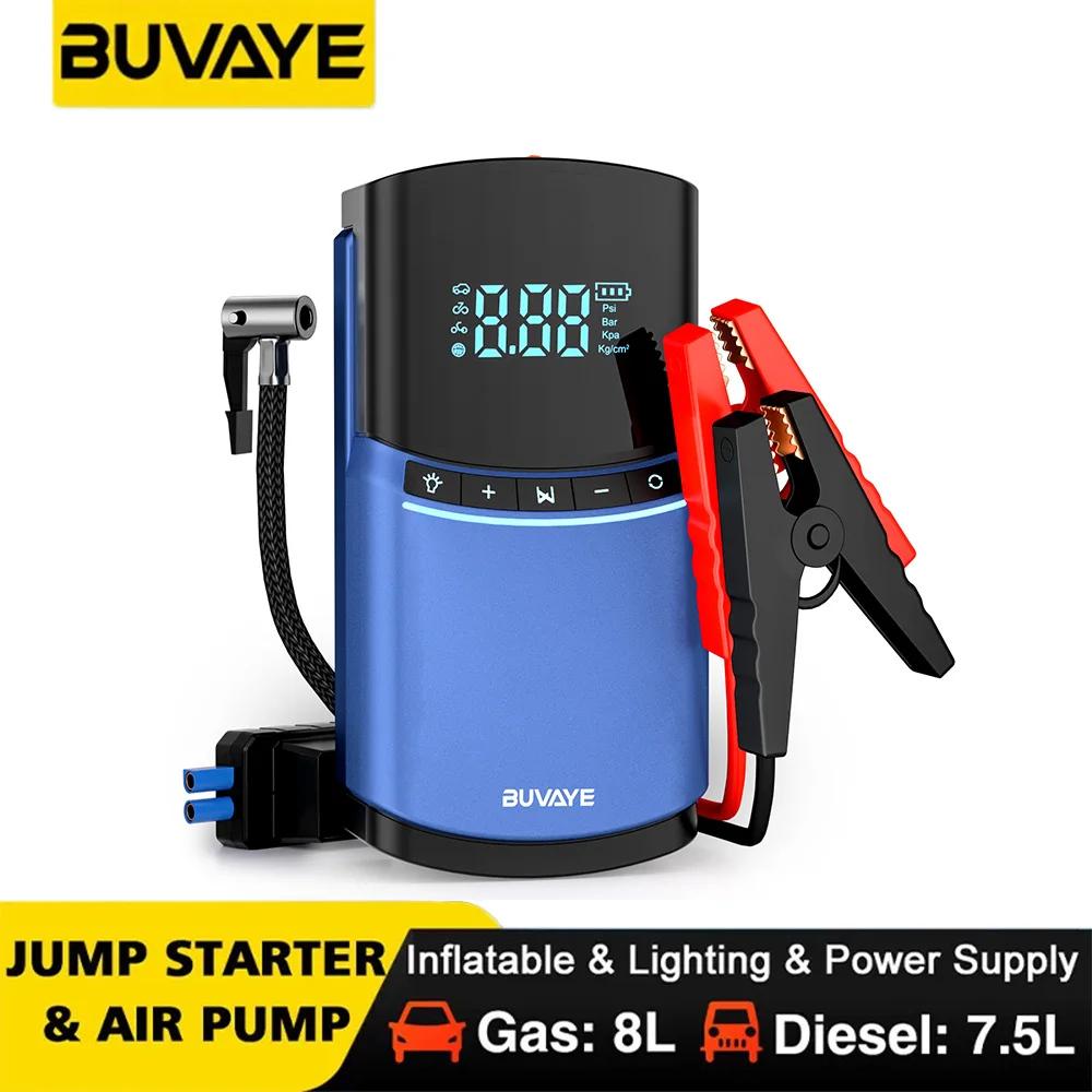BUVAYE 자동차 점프 스타터 에어 펌프, 4 인 1, 150PSI, 공기 압축기, 10400mAh 피크 전류, 1000A 스타터 장치, 디지털 타이어 공기 주입 title=BUVAYE 자동차 점프 스타터 에어 펌프, 4 인 1, 150PSI, 공기 압축기, 10400mAh 피크 전류, 1000A 스타터 장치, 디지털 타이어 공기 주입 
