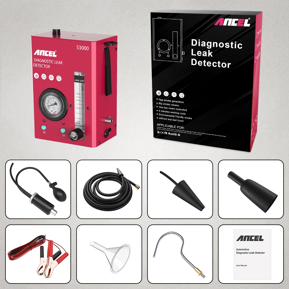 ANCEL S3000 자동차 연기 누출 감지기, 공기 펌프 포함, 12V EVAP 진단 도구, 진공 테스터, 연료 파이프 누출 탐지기, 모터사이클용