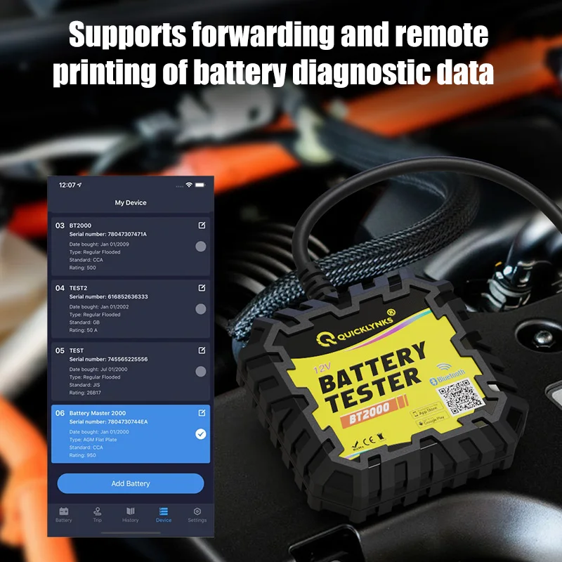 QUICKLYNKS 자동차 배터리 테스터 모니터, 무선 블루투스 자동 배터리 분석기, CCA 테스트, IOS 안드로이드용 무료 업데이트, BT2000, 12V