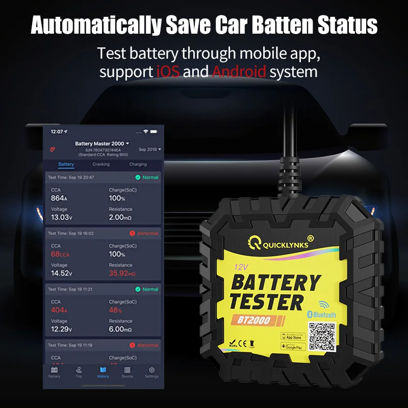QUICKLYNKS 자동차 배터리 테스터 모니터, 무선 블루투스 자동 배터리 분석기, CCA 테스트, IOS 안드로이드용 무료 업데이트, BT2000, 12V