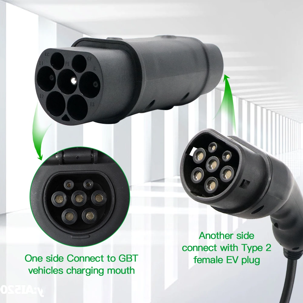 EV 어댑터 GBT to Type 2, 중국 표준 차량에 사용, 한쪽 GBT 자동차에 충전, 다른 쪽 암 EV 플러그