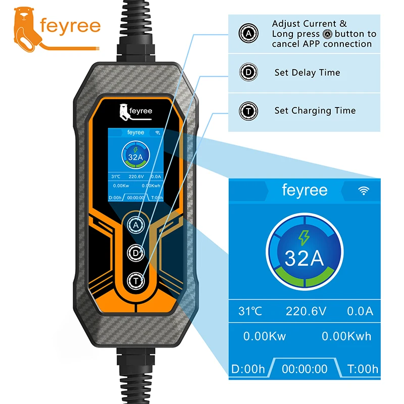 Feyree 휴대용 EV 충전기 월박스 타입 1 j1772 소켓, 32A 7KW, 1 상 앱 제어, EVSE 전기 자동차용 휴대용 충전 박스