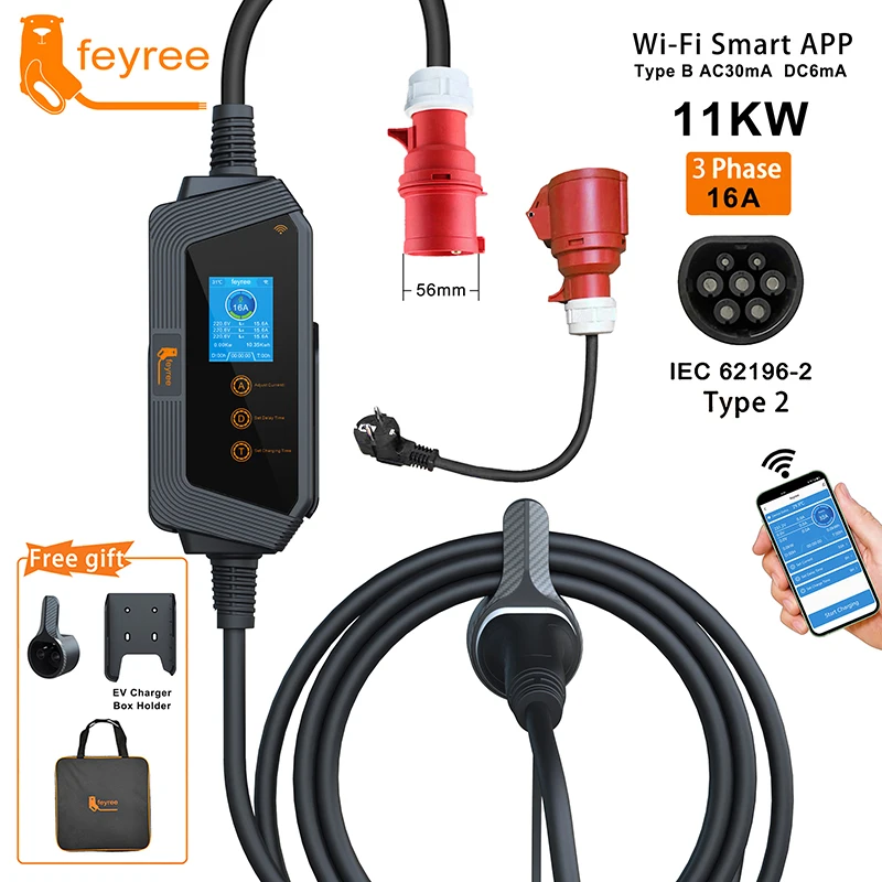 Feyree 전기 자동차용 휴대용 EV 충전기 케이블, Wi-Fi 앱 제어, EVSE 충전 박스, CEE 플러그, 11KW, 16A, 3P