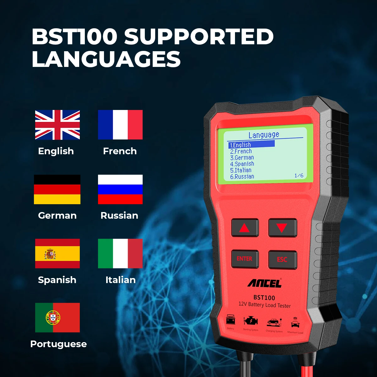 ANCEL-BST100 자동차 배터리 테스터 12V 220Ah 2000CCA 다국어 지원 배터리 테스트 도구 크랭크 충전 테스트, BM550 자동차 배터리 테스트 차량용 배터리 테스트