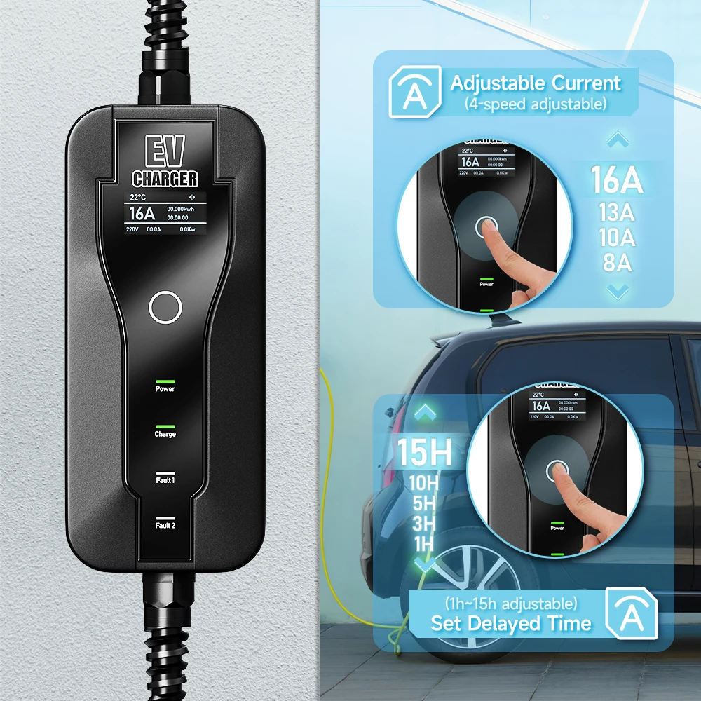 전기 자동차용 휴대용 EV 충전기 타입 2 IEC62196-2 EVSE 고속 충전 박스 타입 1 SAEJ1772 EU 플러그 컨트롤러 월박스, 16A 3.5KW