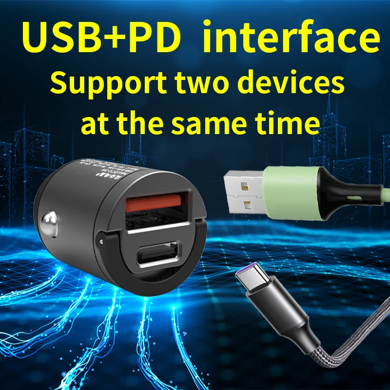 아이폰, 샤오미, 화웨이 휴대폰용 미니 차량 충전기, 높이 31mm, 전원 45W, 숨겨진 설치, USB + PD 튀김 없음