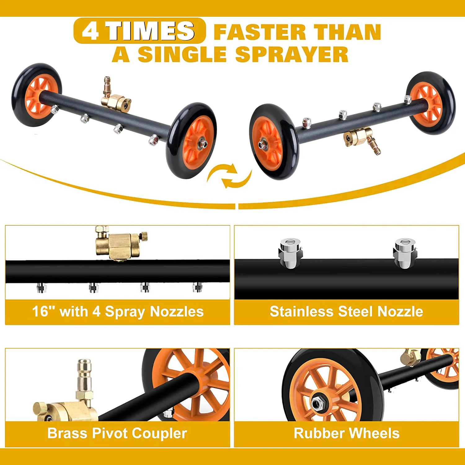 카처 라버 압력 세척기 하부 캐리지 표면 클리너 물 빗자루, 자동차 섀시 바닥 세척, 1/4 인치 퀵 커넥터, 16 인치