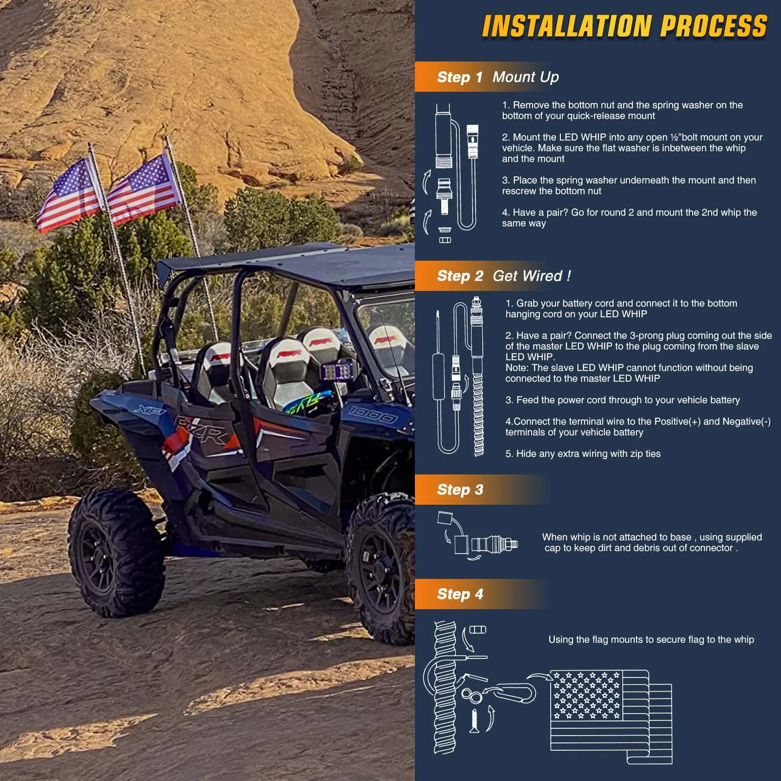 블루투스 및 원격 제어 다채로운 나선형 LED 채찍 조명, 안테나 채찍, ATV 폴라리스 RZR용, 4FT 5050RGB, 2 개