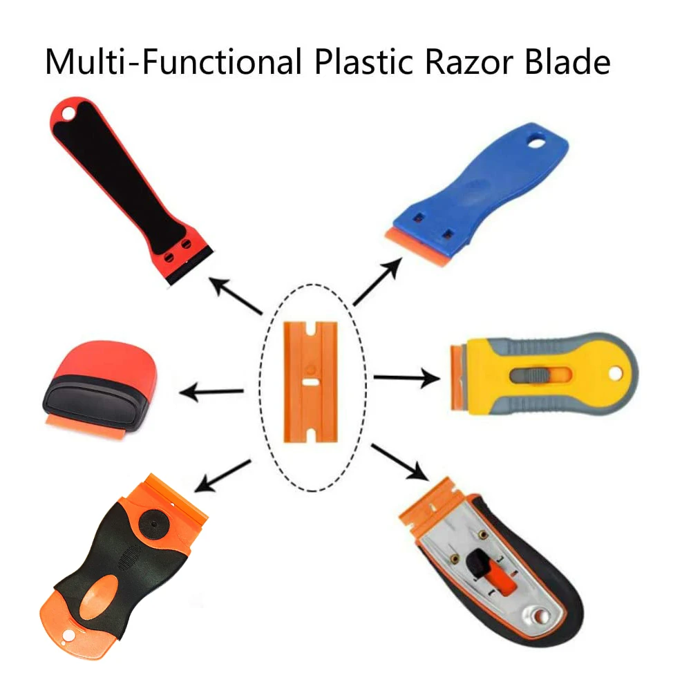 면도날 스크레이퍼 플라스틱 창 유리 접착제 클리너 리무버 나이프 블레이드 틴팅 라벨, 데칼 접착제 리무버 도구 100 피스