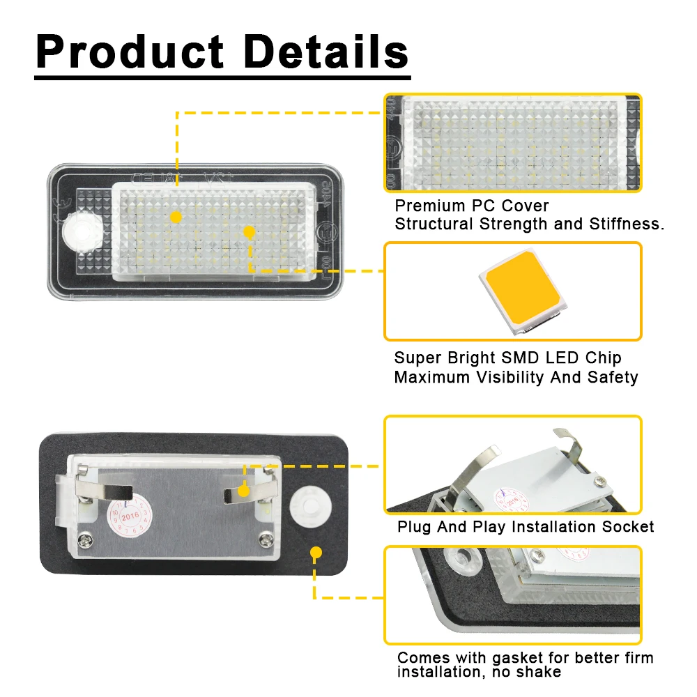 LED 번호판 조명, 아우디 A3 8P A4 S4 RS4 B6 B7 A6 RS6 S6 C6 A8 S8 Q7 캔버스, 오류 없음, 번호 램프, 2 개