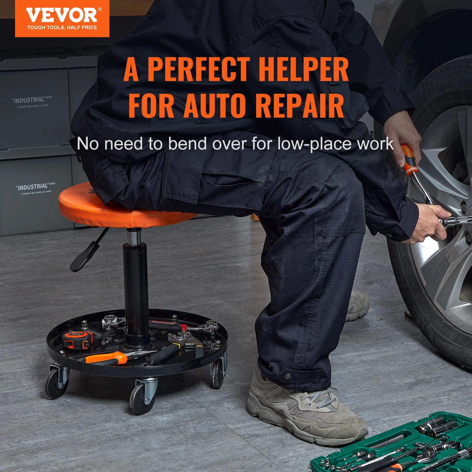 VEVOR 기계식 스툴 250 LBS 롤링 공압 크리퍼, 차고 및 상점 좌석 패딩 롤링 워크샵 스툴, 차고 자동차 수리용