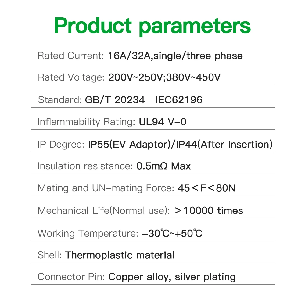 EV 어댑터 GBT to Type 2, 중국 표준 차량에 사용, 한쪽 GBT 자동차에 충전, 다른 쪽 암 EV 플러그