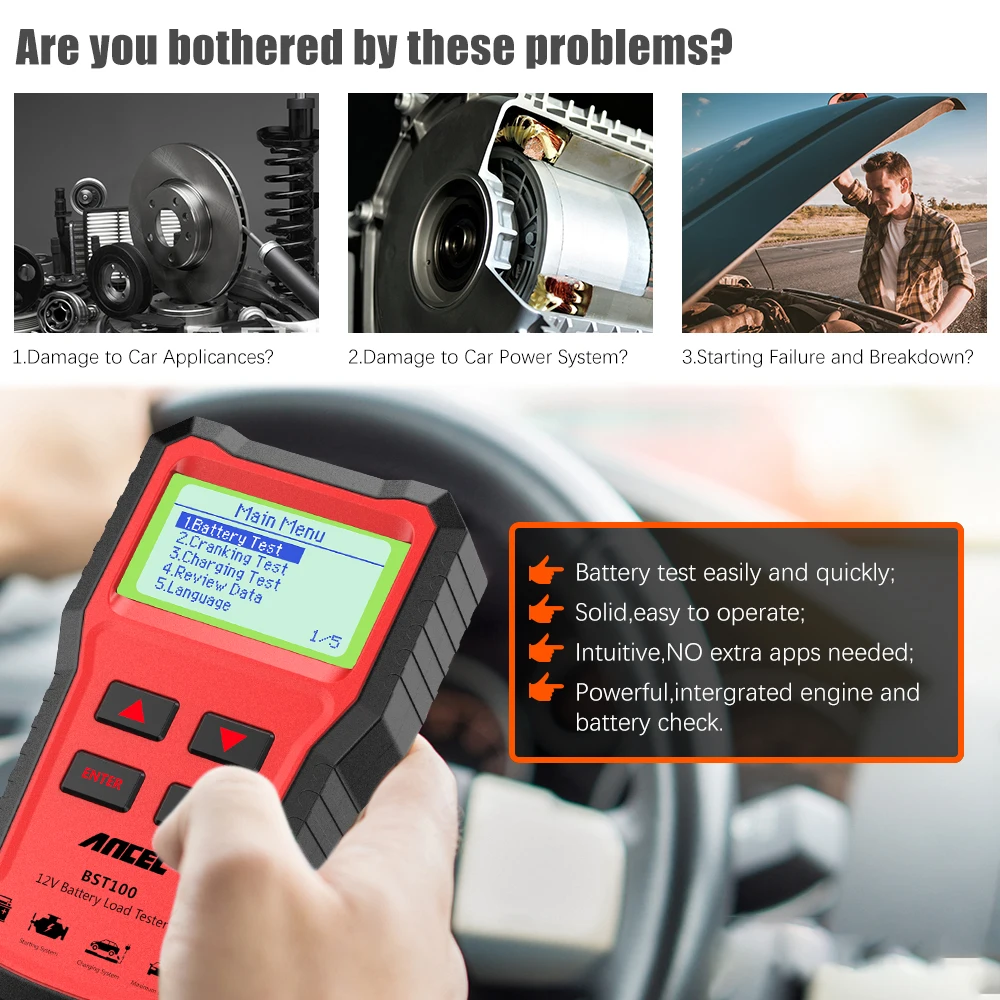 ANCEL-BST100 자동차 배터리 테스터 12V 220Ah 2000CCA 다국어 지원 배터리 테스트 도구 크랭크 충전 테스트, BM550 자동차 배터리 테스트 차량용 배터리 테스트