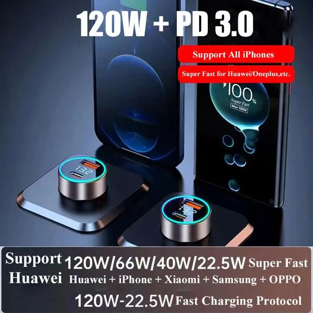 휴대용 PD 20W 차량용 충전기, C타입 USB 120W 초고속 충전 어댑터, 아이폰 14 프로 맥스, 화웨이 자동차 라이터 스플리터