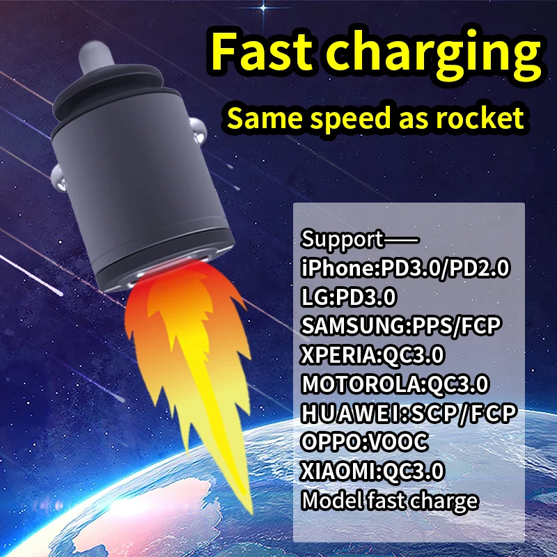 아이폰, 샤오미, 화웨이 휴대폰용 미니 차량 충전기, 높이 31mm, 전원 45W, 숨겨진 설치, USB + PD 튀김 없음