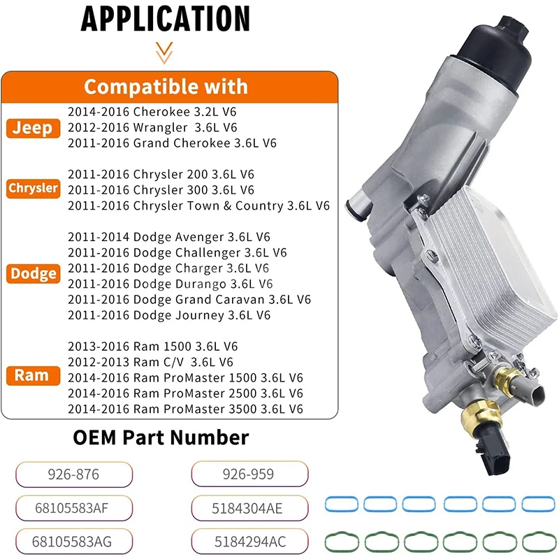 926-959 알루미늄 오일 필터 어댑터 하우징 엔진, 68105583AF, 닷지 크라이슬러 램 충전기, 체로키 랭글러 프로마스터 3.6L V6