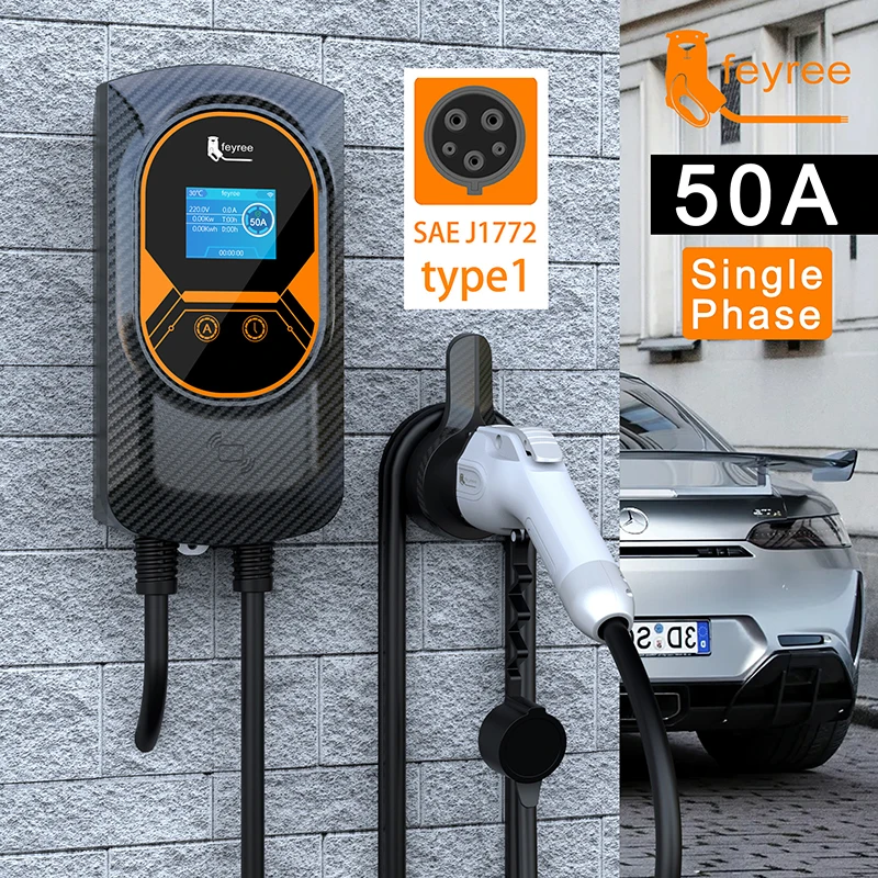 Feyree EVSE 월박스 전기 자동차 벽 장착 충전 스테이션, EV 충전기 타입 1 케이블, J1772 소켓, 50A, 12KW, 1 상