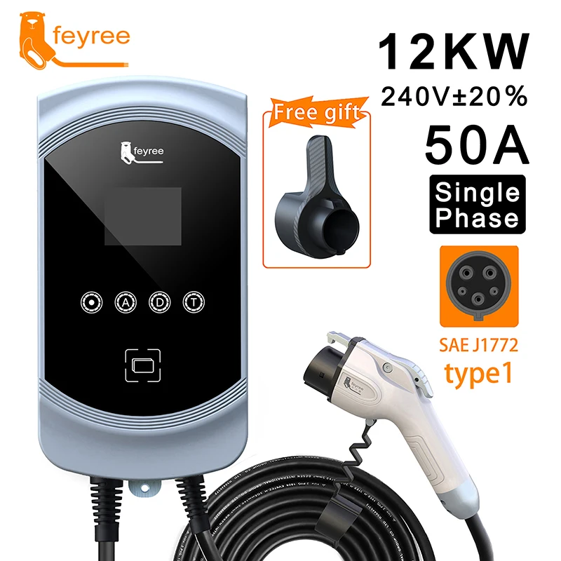 Feyree EVSE 월박스 전기 자동차 벽 장착 충전 스테이션, EV 충전기 타입 1 케이블, J1772 소켓, 50A, 12KW, 1 상