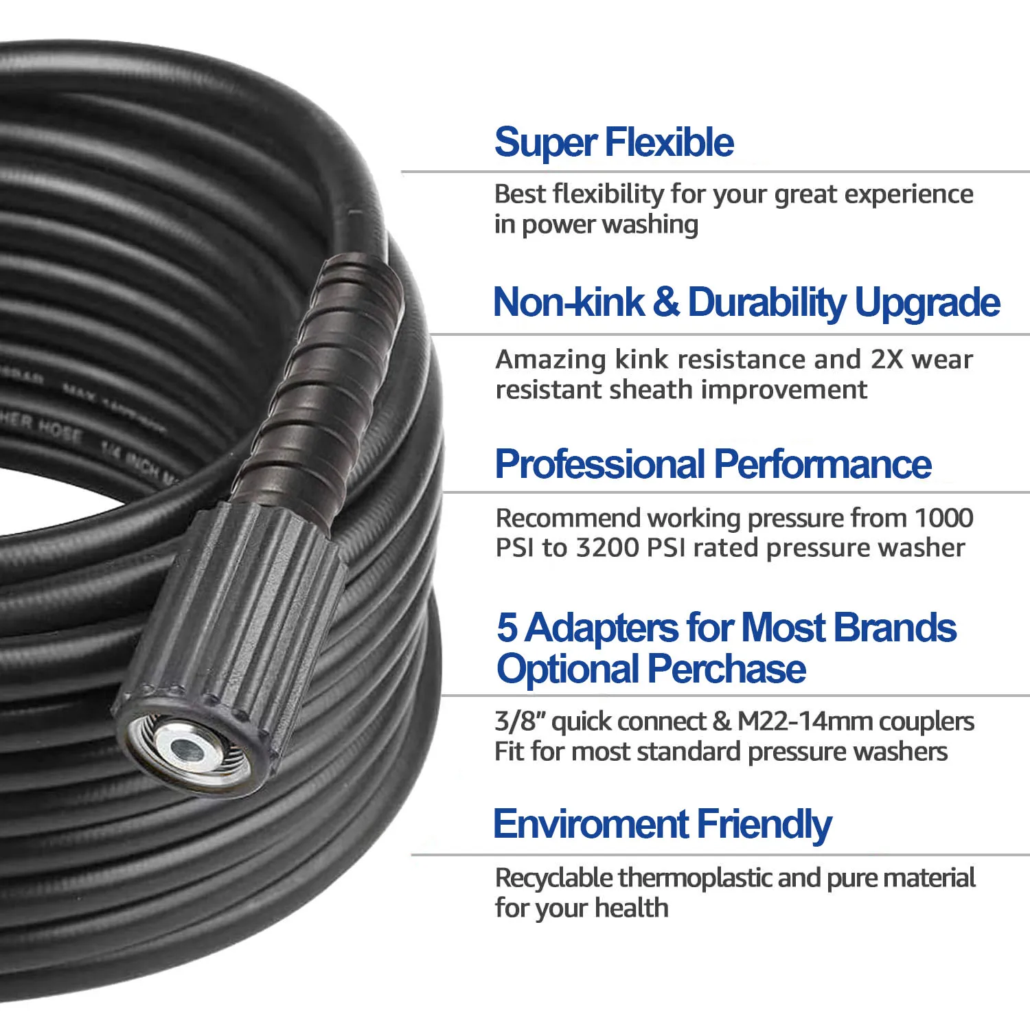 고압 와셔 호스 익스텐션, Kink Free M22, Karcher Ryobi Generac Sun Joe AR Blue Greenworks, 2300 PSI, 50 FT, 14mm, 15mm