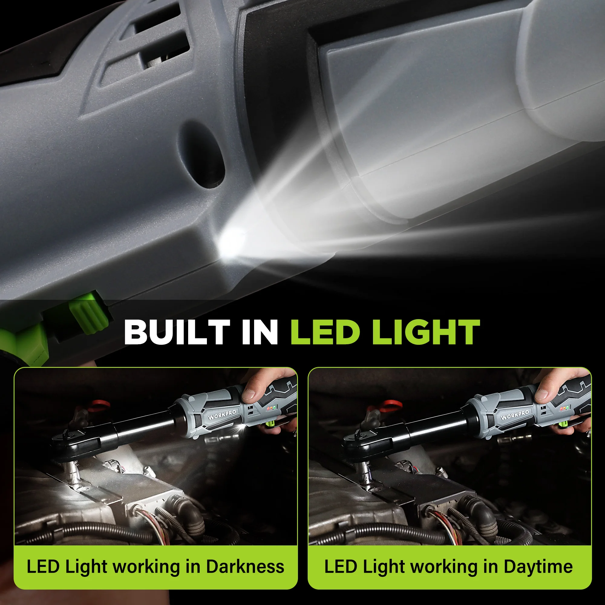 WORKPRO 전기 래칫 렌치, 리튬 이온 확장 래칫 렌치, 나사 제거용 3/8 인치 무선 래칫 도구 키트, 55N.m, 12V