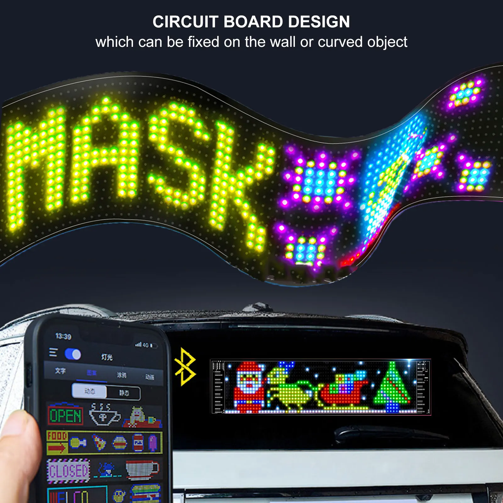 차량용 RGB LED 패널 광고, 자동차 뒷창 사인, 유연한 디스플레이 화면, 블루투스 전화 앱 제어, 맞춤형 텍스트