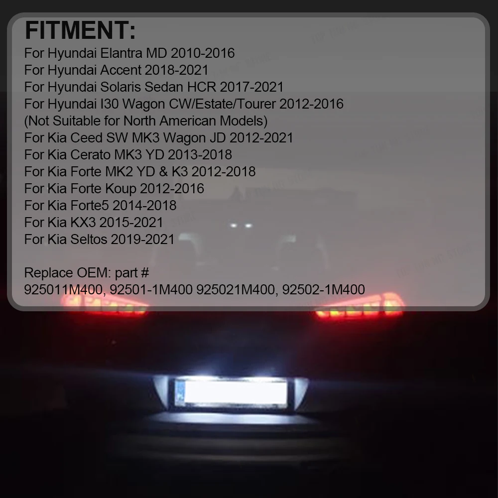 현대 엘란트라 MD 액센트 솔라리스 LED 번호판 라이트 넘버 램프, 현대 I30 왜건 기아 씨드 MK3 세라토 3 포르테, 2 개