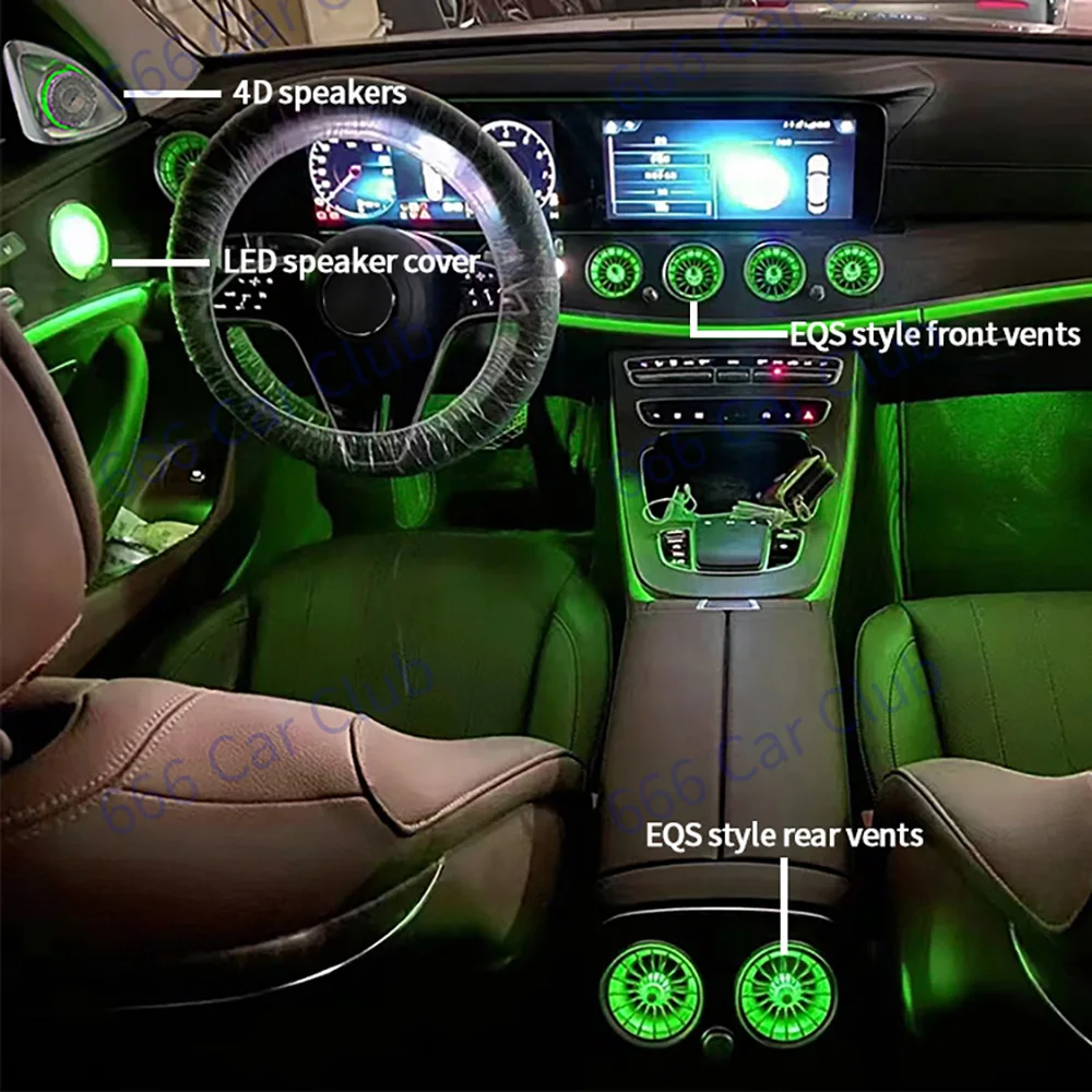 64가지 색상 메르세데스 벤츠 W213 E-클래스 E-쿠페 E43 E53 E250 인테리어 주변 조명 장식 램프용 LED 에어 벤트 3D 스피커