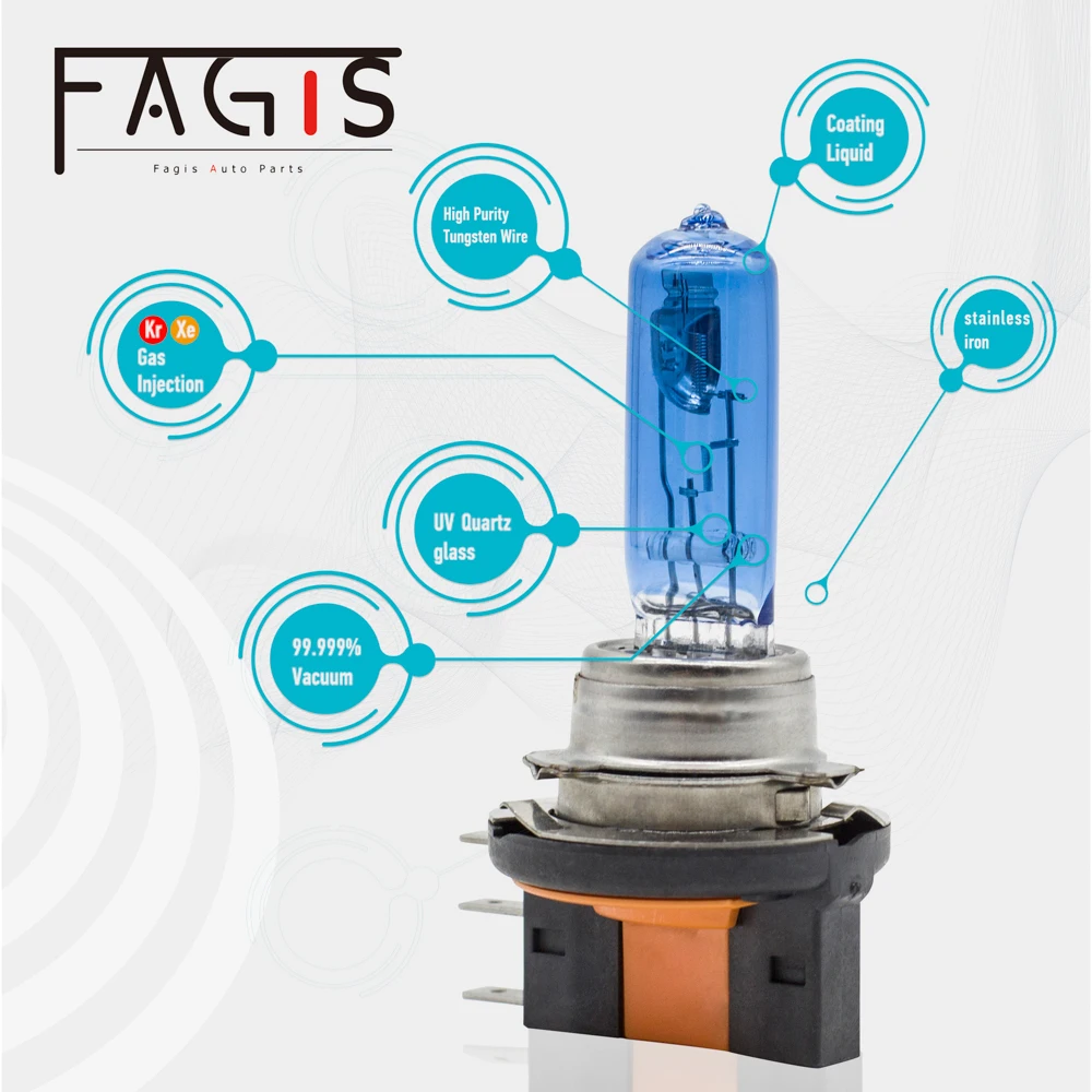 Fagis 2Pcs H15 12v 15/55w 블루 미국 브랜드 석영 유리 4800K 슈퍼 화이트 자동차 헤드 라이트 램프 자동 할로겐 전구 자동차 조명