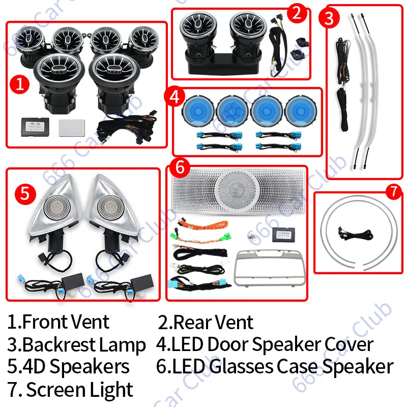 64가지 색상 메르세데스 벤츠 W213 E-클래스 E-쿠페 E43 E53 E250 인테리어 주변 조명 장식 램프용 LED 에어 벤트 3D 스피커