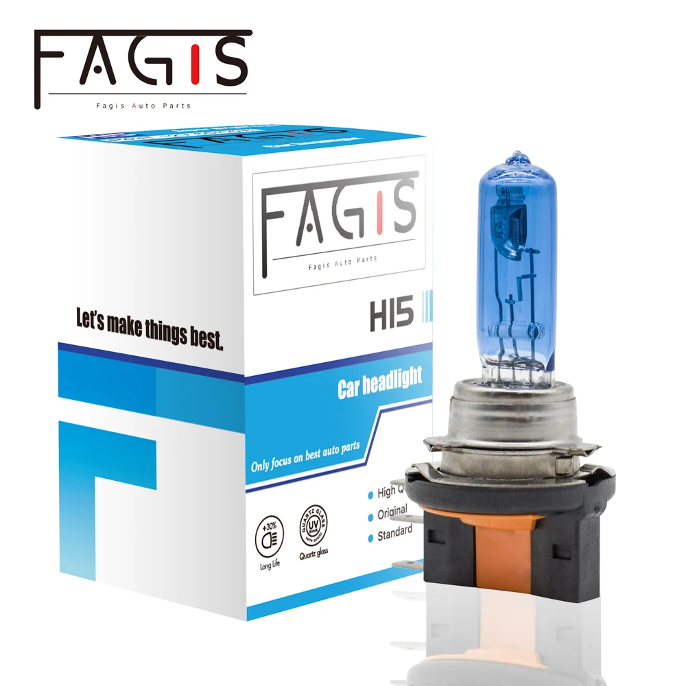 Fagis 2Pcs H15 12v 15/55w 블루 미국 브랜드 석영 유리 4800K 슈퍼 화이트 자동차 헤드 라이트 램프 자동 할로겐 전구 자동차 조명
