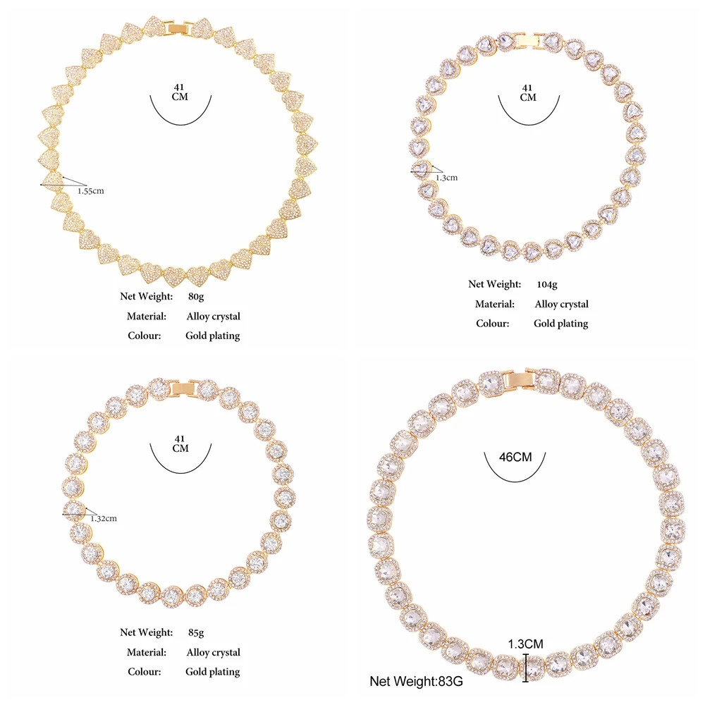 블링블링 럭셔리 포장 크리스탈 하트, 쿠바 링크 체인 목걸이, 여성 힙합, 아이스 아웃 라운드 스퀘어 테니스 체인, 초커 쥬얼리